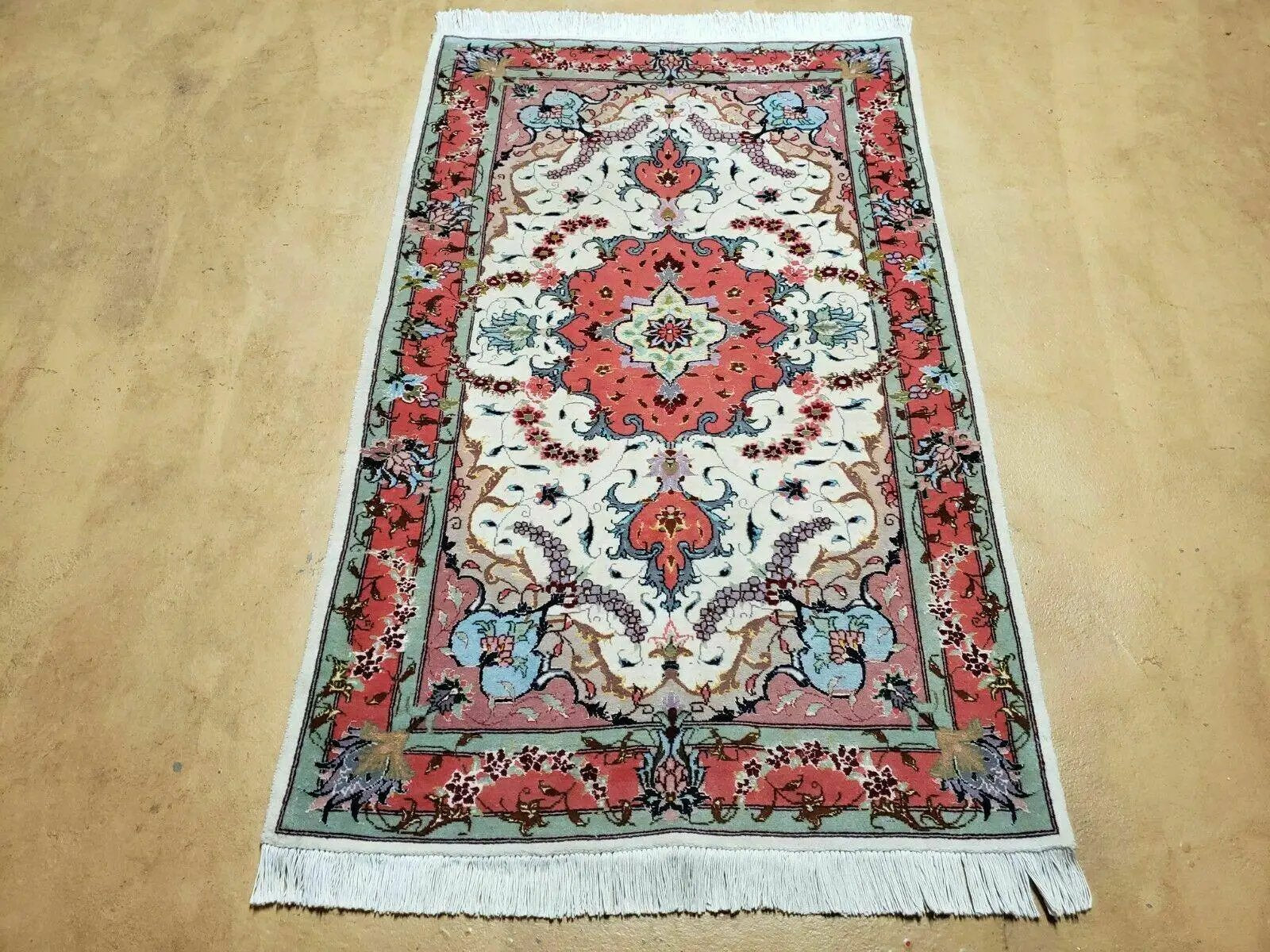 Small Vintage Persian Tabriz Wool and Silk Rug 2.5 x 4 ft, Very Finely Hand Knotted, Medallion, Ivory Salmon Light Blue, Top Quality, Pair B by Jewel Rugs