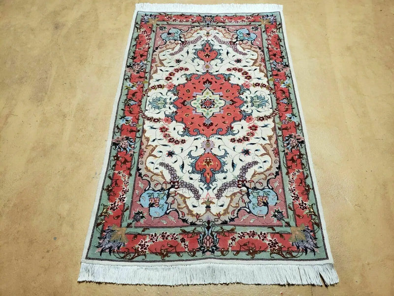 Small Vintage Persian Tabriz Wool and Silk Rug 2.5 x 4 ft, Very Finely Hand Knotted, Medallion, Ivory Salmon Light Blue, Top Quality, Pair B by Jewel Rugs