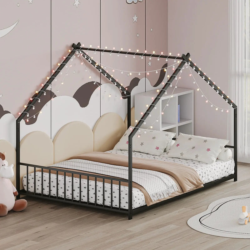 Full Size Rooftop Bed Frame LED Lights For Kids - Black by HouseOfZazla