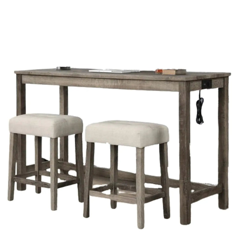 3 Piece Counter Bar Dining Set Table With Electric Outlet And 2 USB Ports, Tufted Upholstered Stools - Brown / Beige by Unique Piece Furniture
