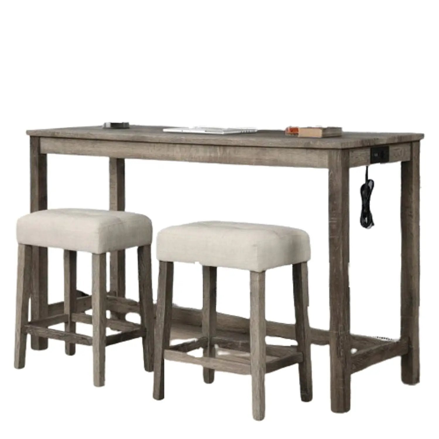 3 Piece Counter Bar Dining Set Table With Electric Outlet And 2 USB Ports, Tufted Upholstered Stools - Brown / Beige by HouseOfZazla