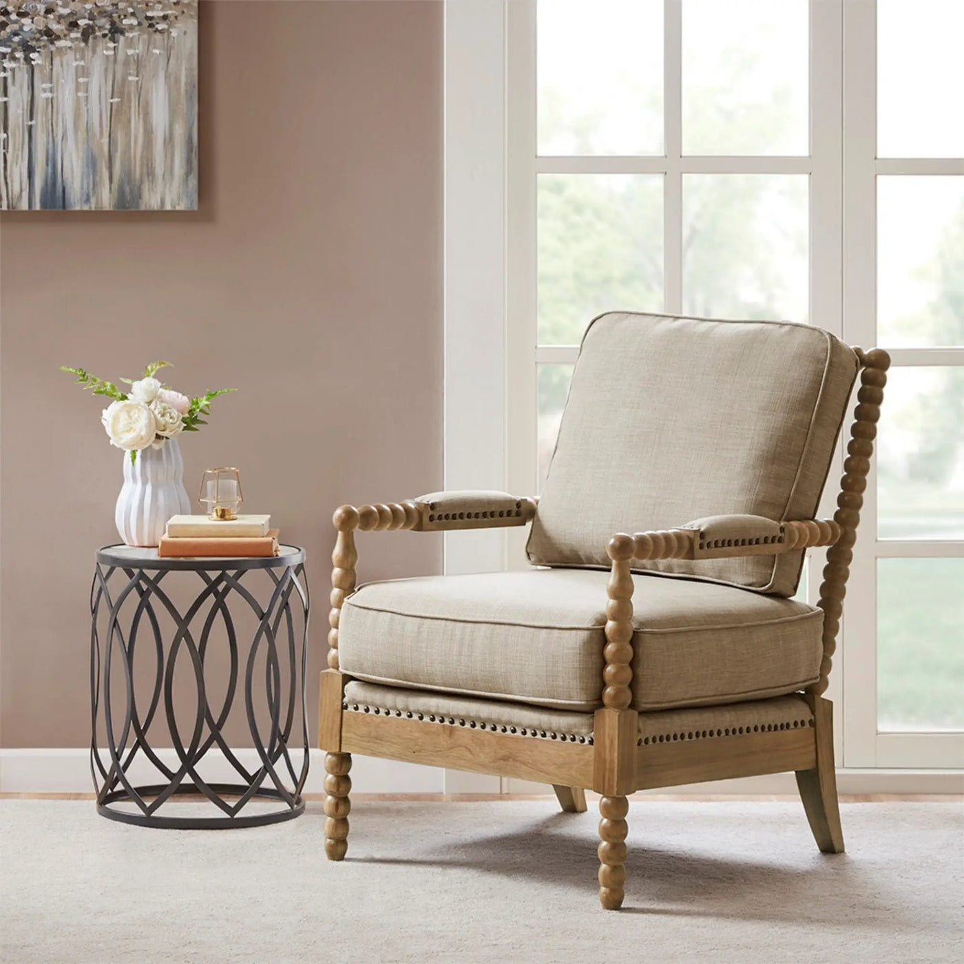 Arm Chair With Open Back Spindle Design, Padded Armrests by HouseOfZazla