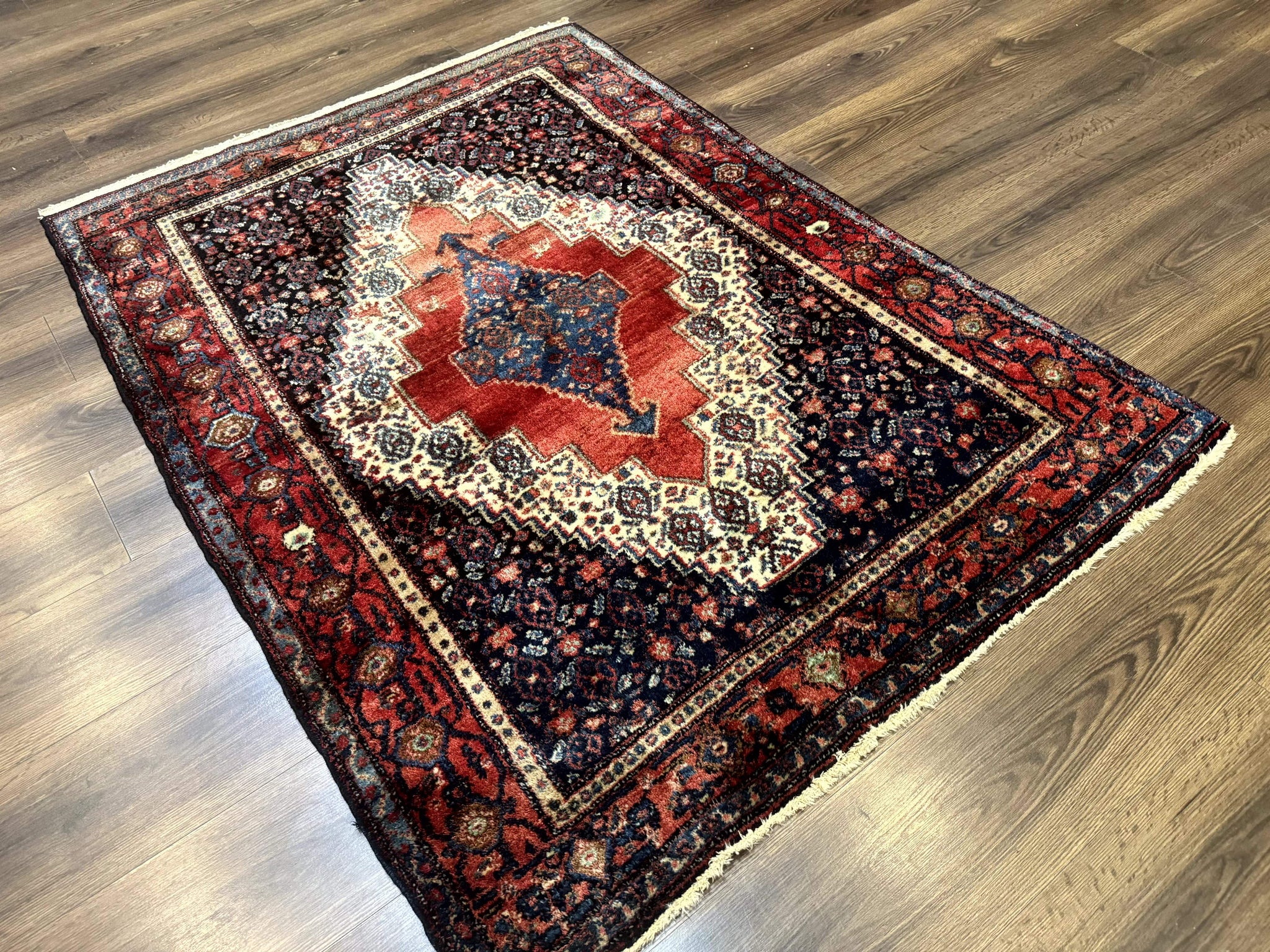 Antique Persian Kurdish Senneh Rug 4x5 Tribal Carpet Wool Geometric Medallion by Jewel Rugs