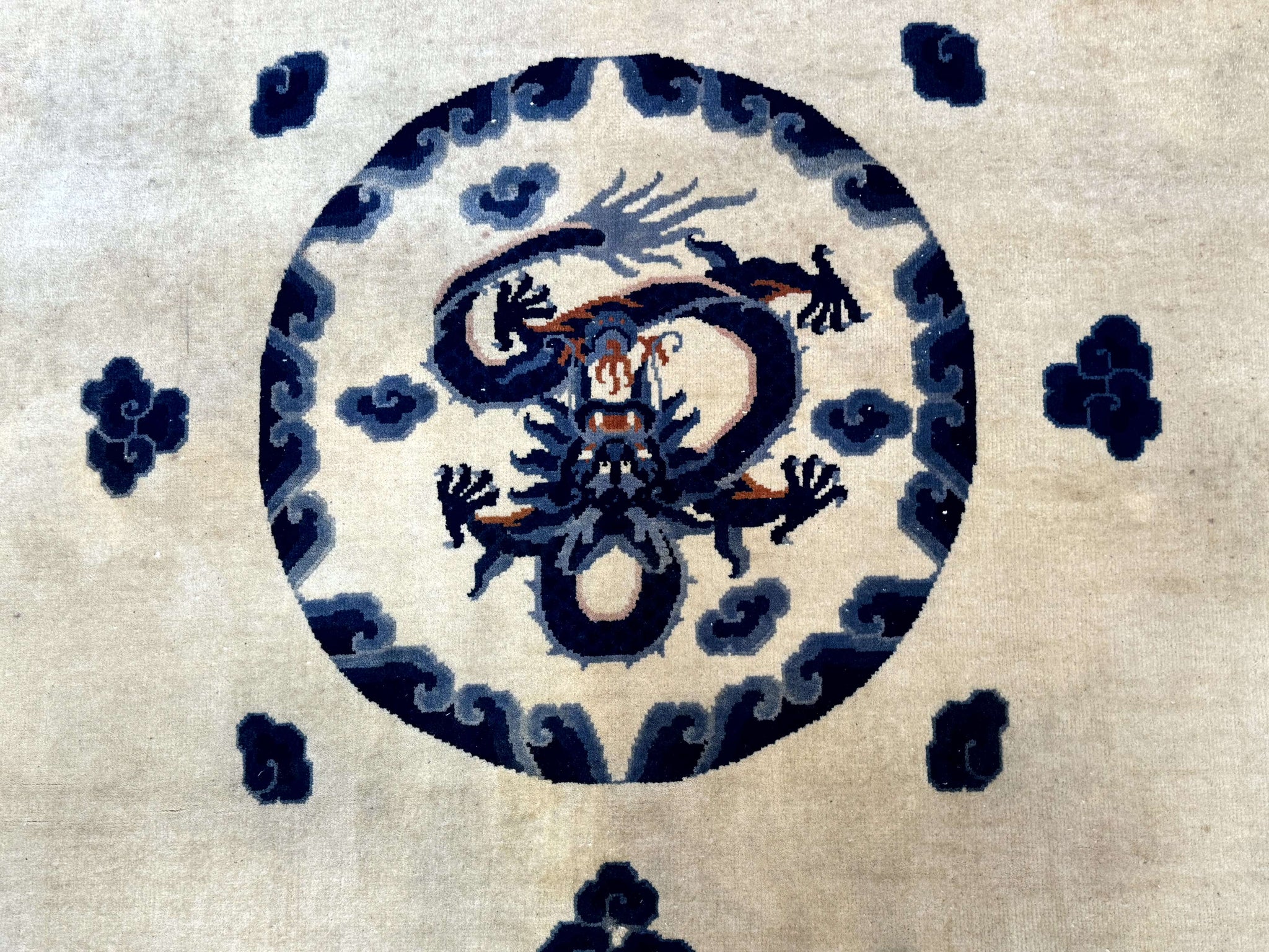 Chinese Dragon Peking Rug 8 x 11.6, Ivory and Blue, Chinese Wool Rug, Vintage by Jewel Rugs
