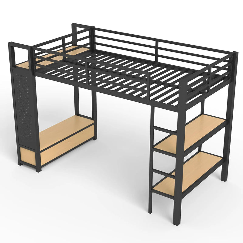 Twin XL Size Loft Bed Frame with Wardrobe and Shelves by HouseOfZazla