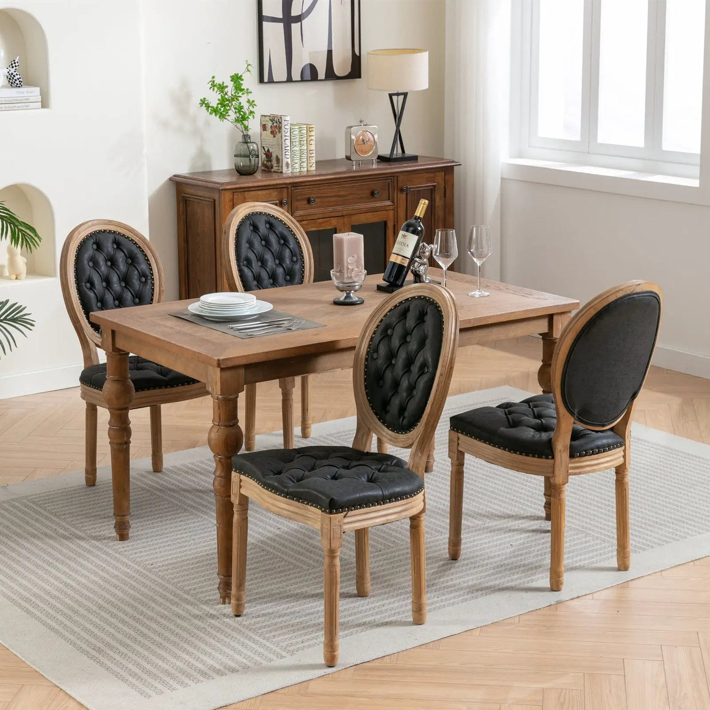 French Style Solid Wood Frame Antique Painting, Hand-Pulled Buckle Decoration Artificial Dining Chair With Nailhead Trim, Wood Legs by HouseOfZazla