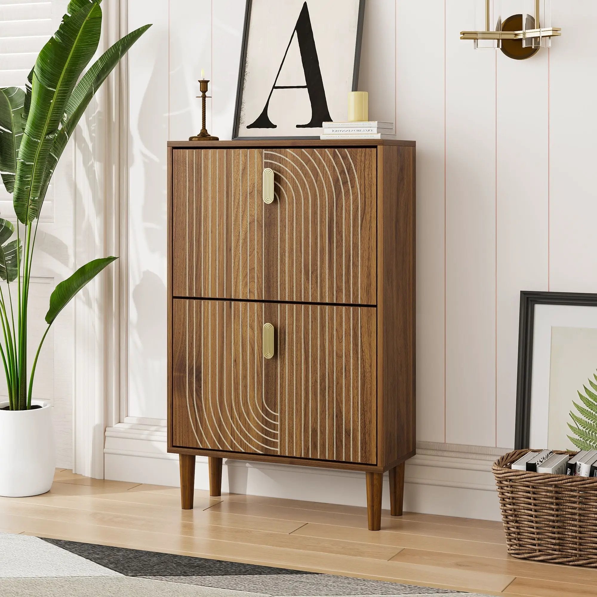 Modern Minimalist Shoe Storage Cabinet With 2 Flip Drawers And Metal Handles - Brown by HouseOfZazla