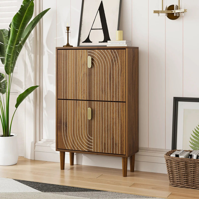 Modern Minimalist Shoe Storage Cabinet With 2 Flip Drawers And Metal Handles - Brown by HouseOfZazla