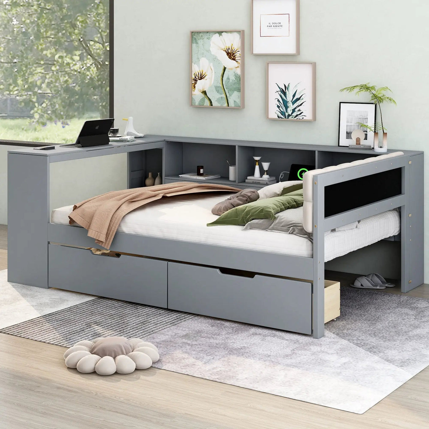 Upholstered Headboard Platform Bed With Storage Shelves, Drawers, Charging Station by HouseOfZazla