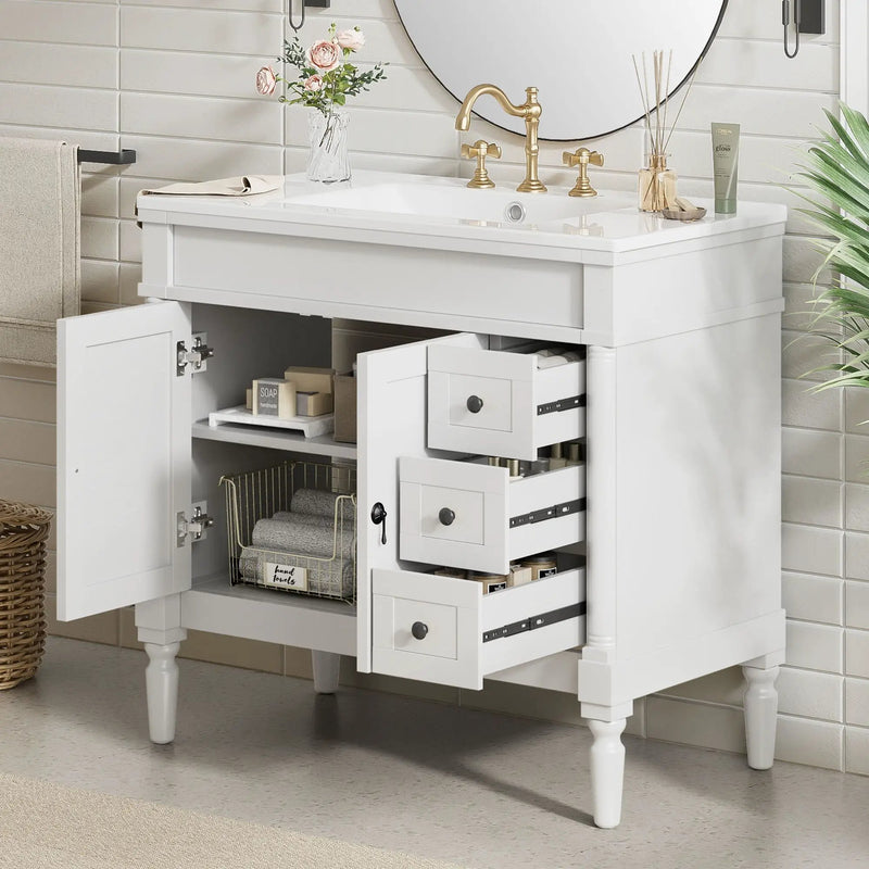 Bathroom Vanity With Ceramic Sink, 2 Doors 3 Drawers, Soft Close Design by Unique Piece Furniture