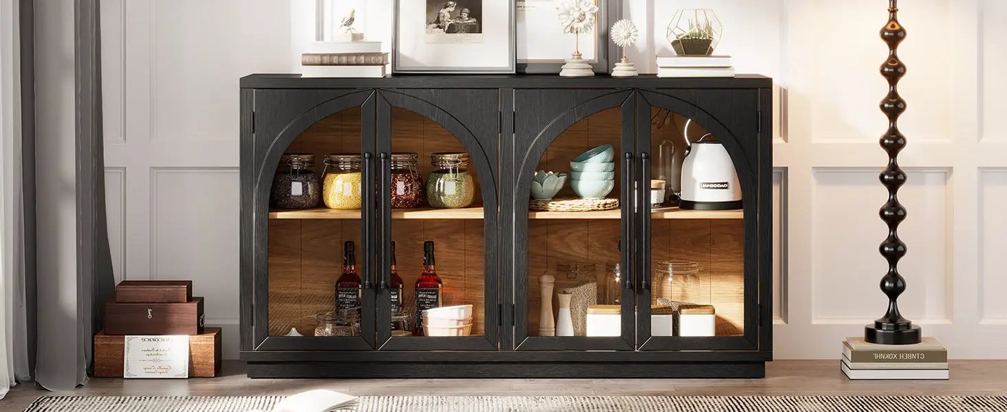 4-Door Large Storage Sideboard Buffet Cabinet with Glass Doors Arched Cabinet (Black) by HouseOfZazla
