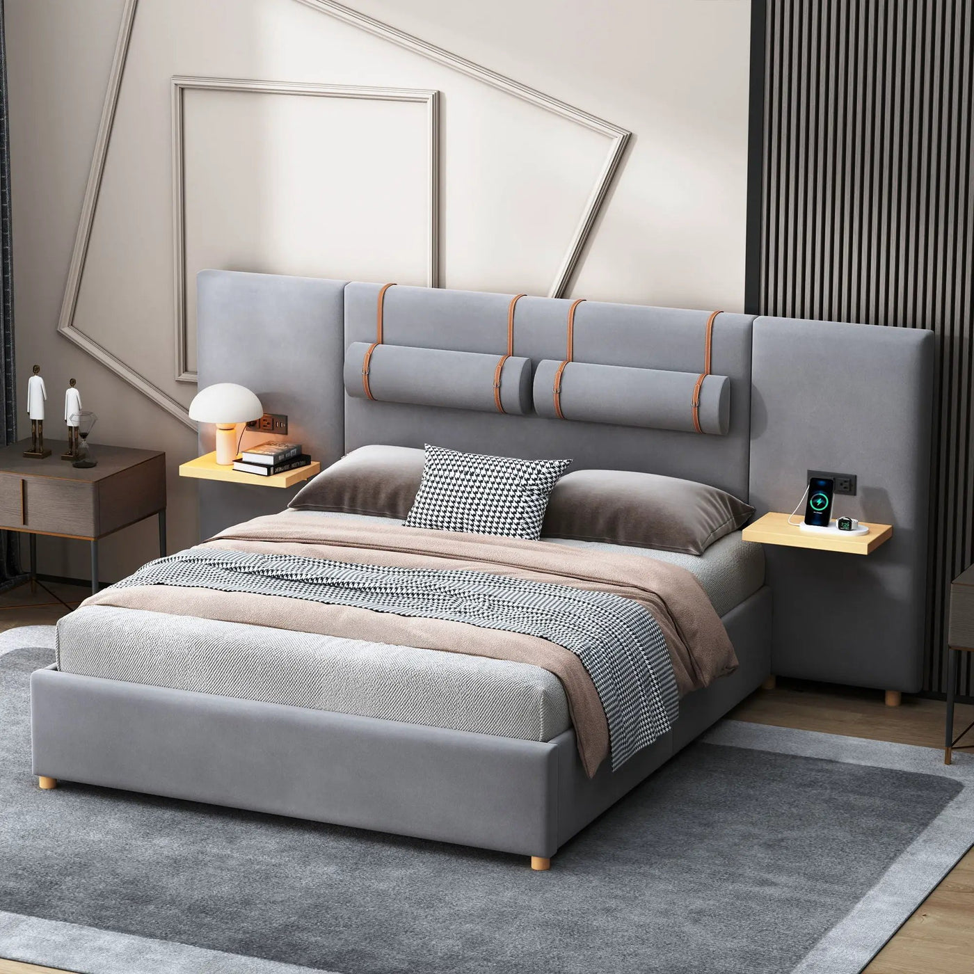 Upholstered Platform Bed, 2 Outlets And USB Charging Ports On Both Sides, 2 Bedside Pillows, Storage Shelves by Unique Piece Furniture