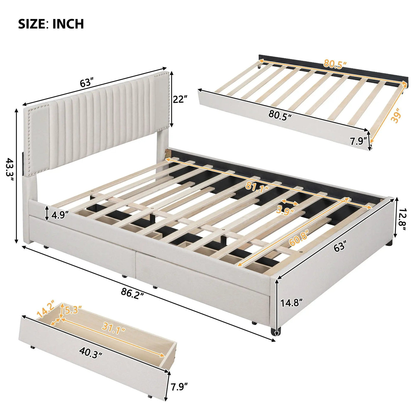 Upholstered Platform Bed With Drawers, Classic Headboard Design by Unique Piece Furniture