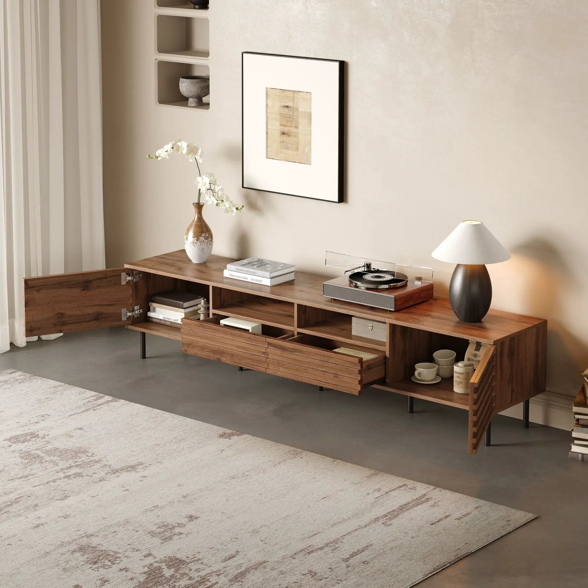 TV Stand For TVs Up To 85" With Closed Storage, Soft Closing Hinges - Walnut by HouseOfZazla