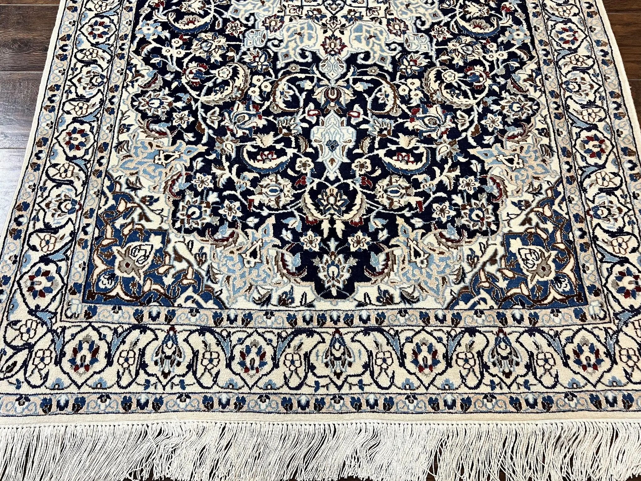 Persian Nain Rug 4x6, Floral, Hand Knotted Vintage Wool & Silk Highlights, Signature from Masterweaver, Navy Blue and Ivory by Jewel Rugs