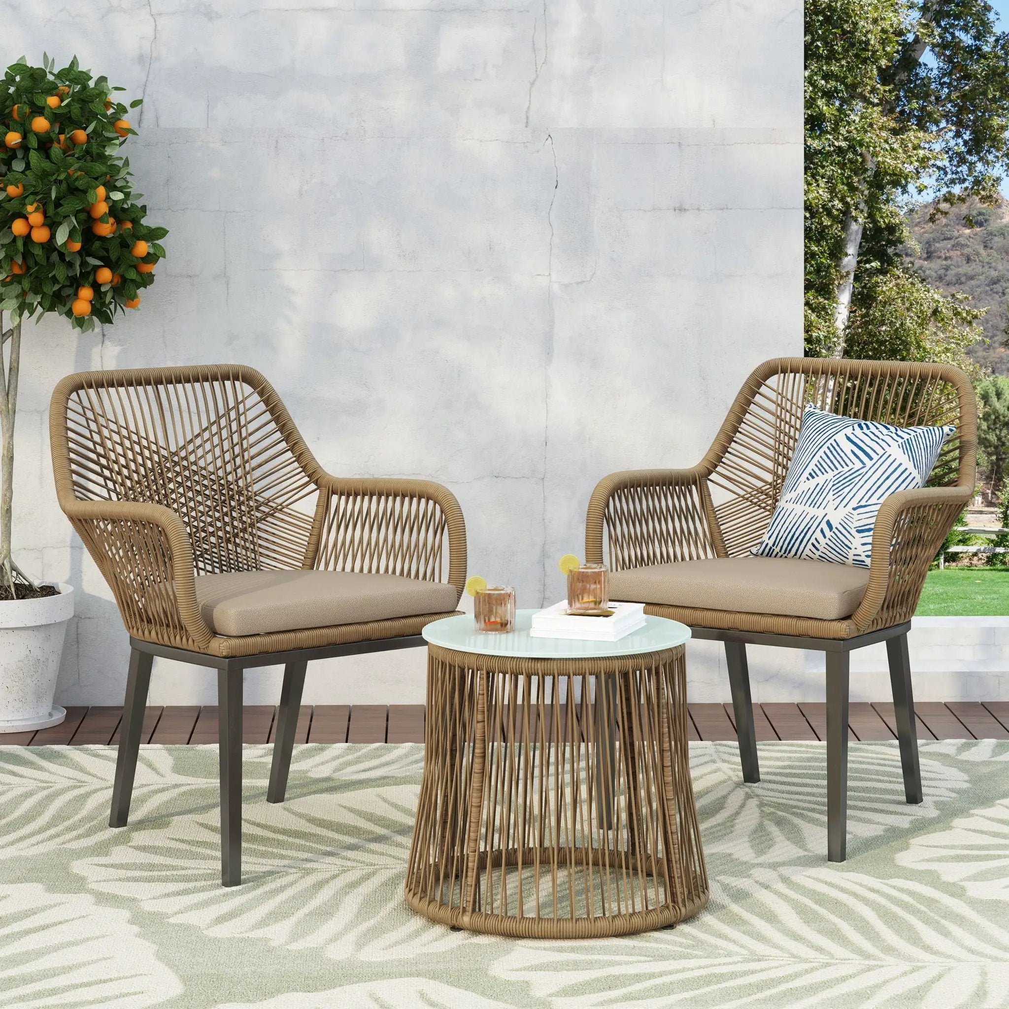 Conversation Set With Tempered Glass Table Top - Light Brown by HouseOfZazla