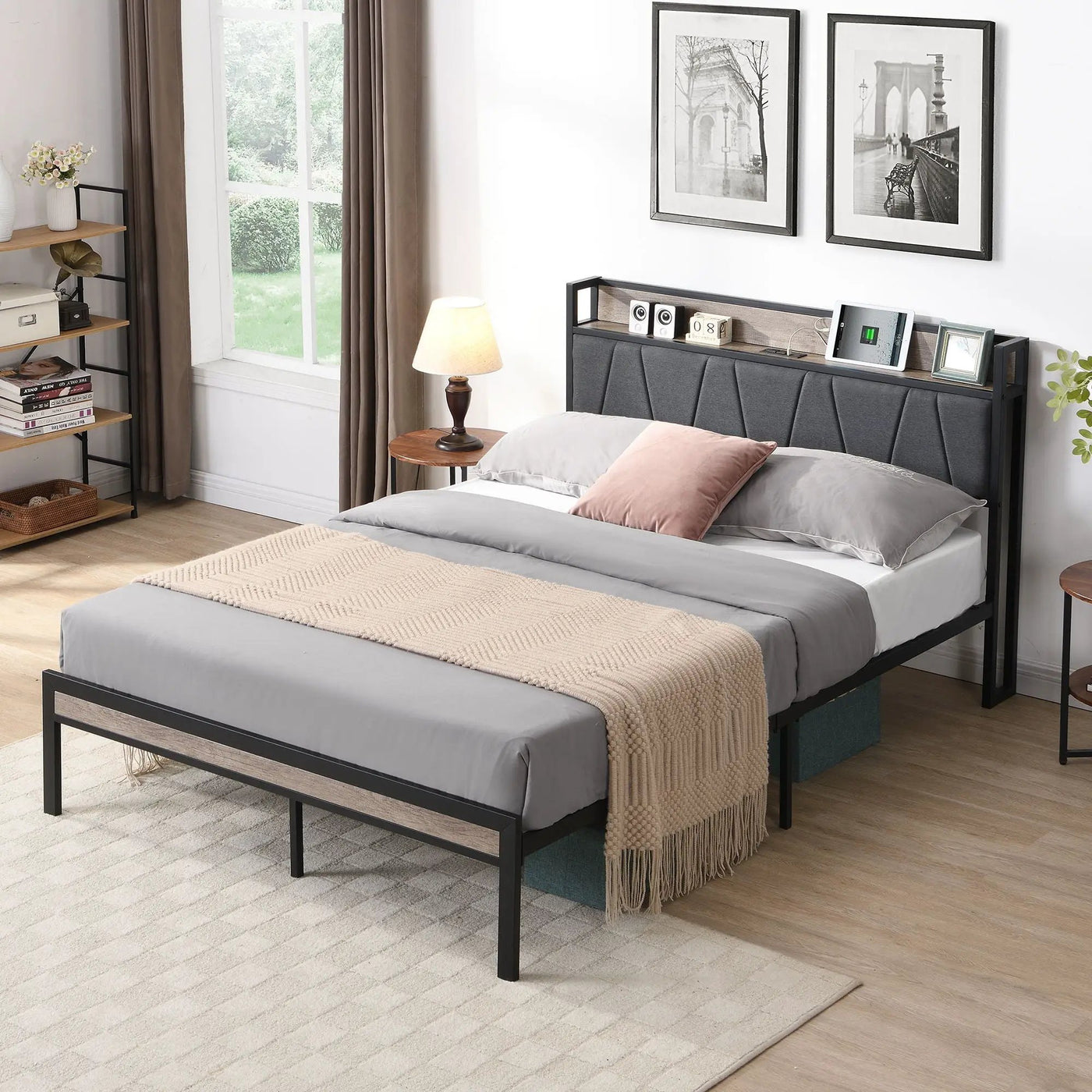 Modern Bed Frame With LED Lights, Upholstered Headboard, USB Charging by HouseOfZazla