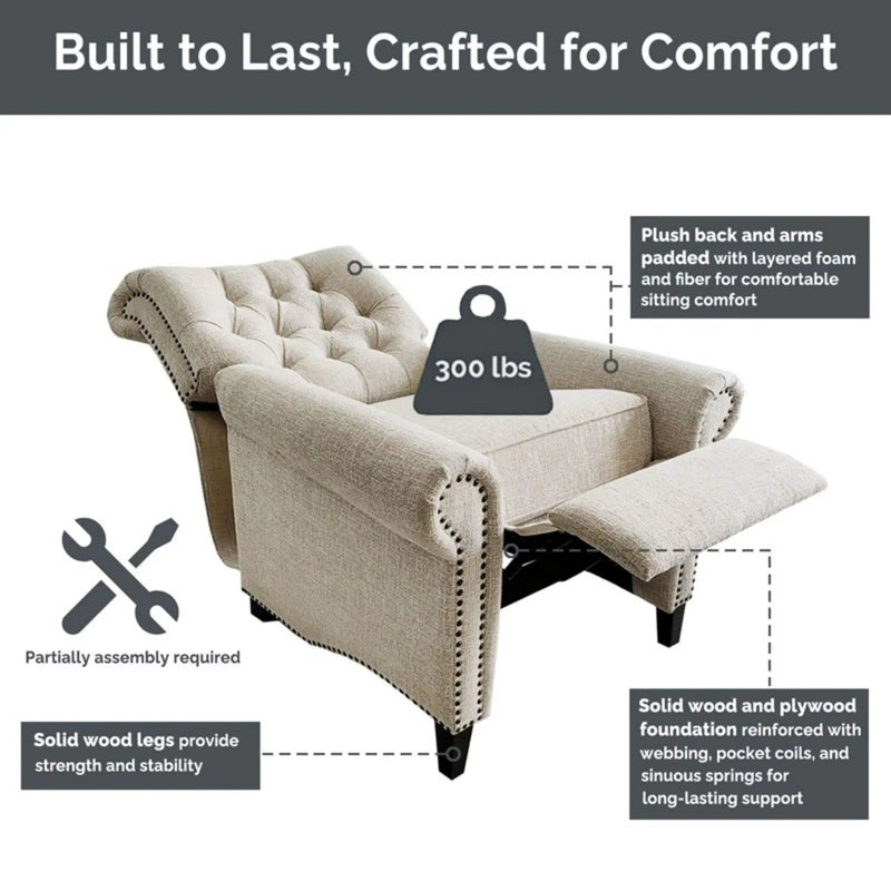 Aidan - Push Back Recliner Chair With Tufted Back And Nailhead Trim - Cream by HouseOfZazla