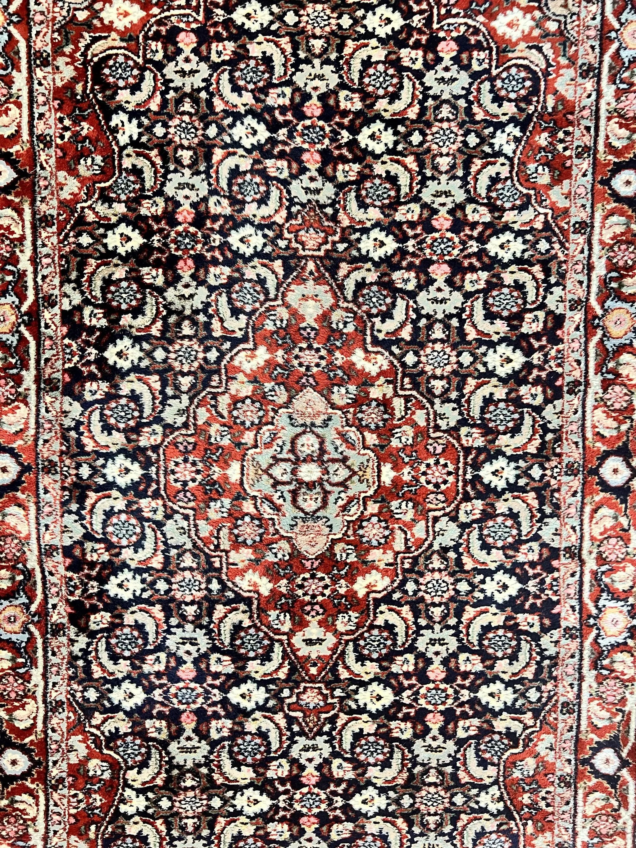 Indo Persian Rug 3x4, Herati Allover Pattern, Midnight Blue and Red, Small Vintage Handmade Wool Rug by Jewel Rugs