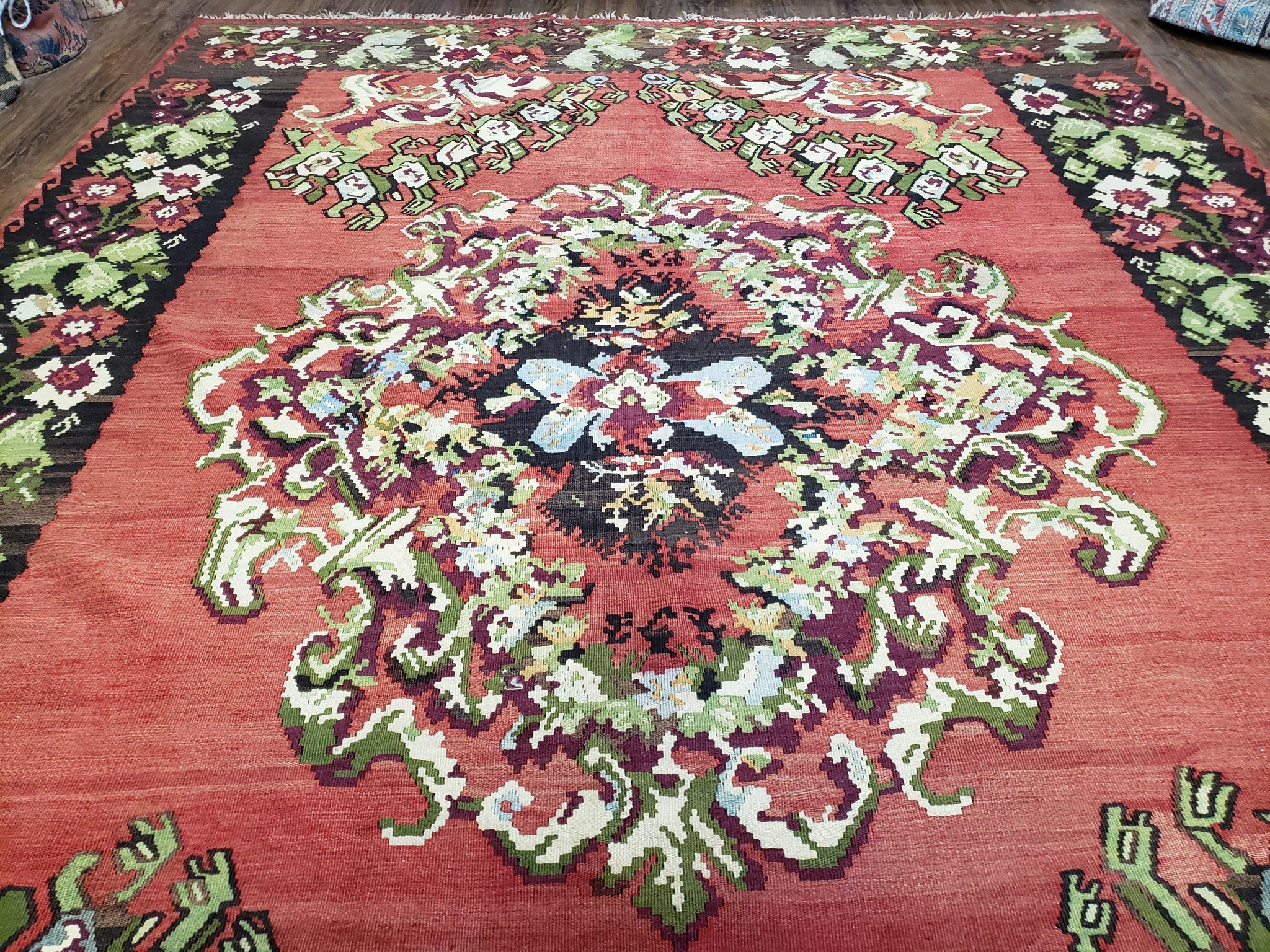 Karabakh Rug 8x11, Caucasian Kilim Rug, Vintage Antique Turkish Anatolian Azerbaijani Carpet, Wool Red & Black Hand-Woven 8 x 11 Living Room by Jewel Rugs