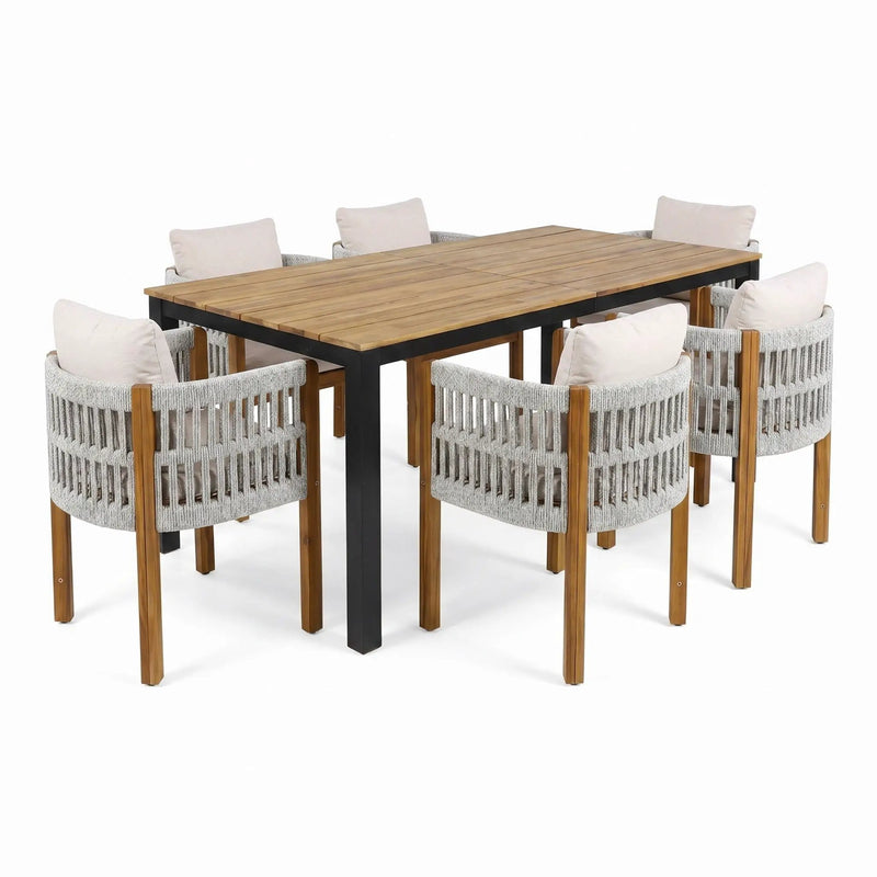 7 Piece Outdoor Dining Set with Table and Chairs - Beige / Teak / White by HouseOfZazla