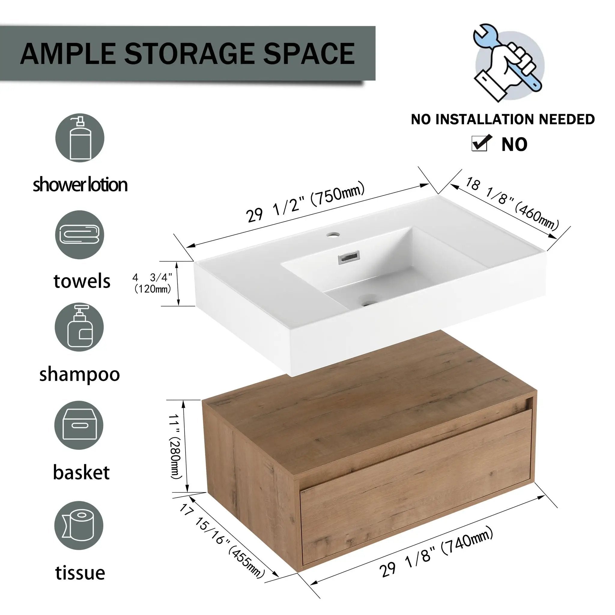 Wall Mounted Bathroom Vanity With Resin Sink And Soft Close Drawer In Imitative - Imitative Oak by HouseOfZazla