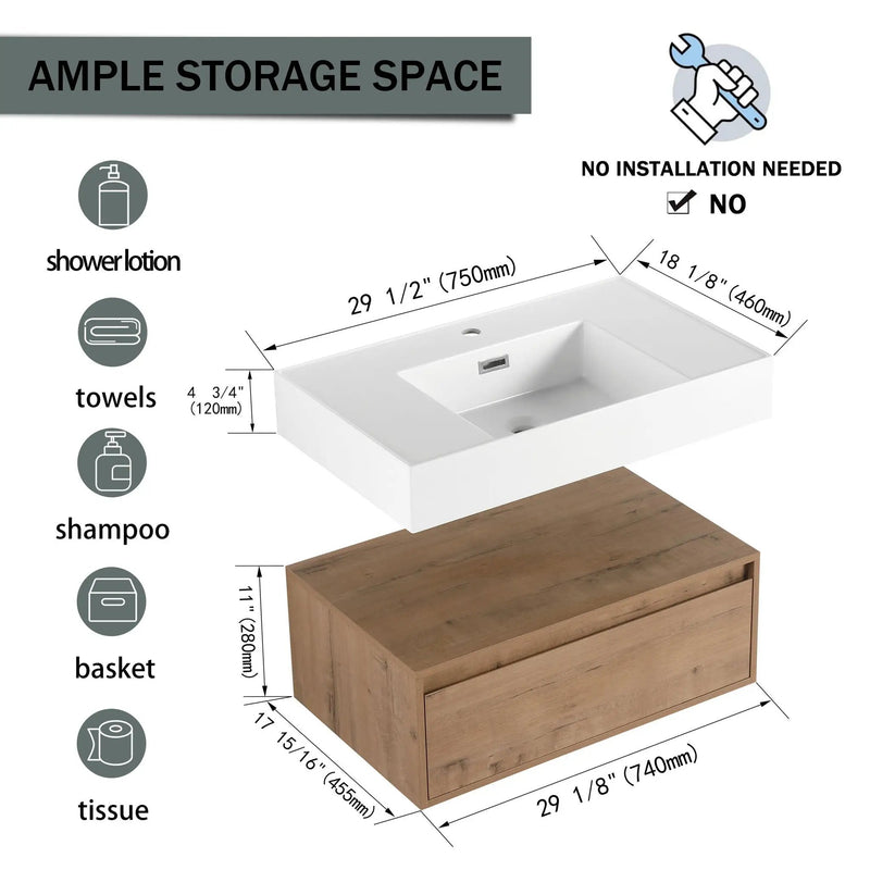 Wall Mounted Bathroom Vanity With Resin Sink And Soft Close Drawer In Imitative - Imitative Oak by HouseOfZazla