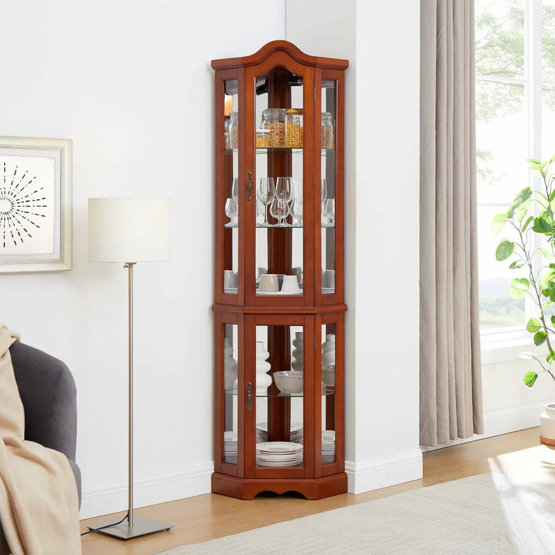 Corner Curio Cabinet With Lights, Adjustable Tempered Glass Shelves, Mirrored Back, Display Cabinet (E26 Light Bulb Not Included) - Walnut by Unique Piece Furniture