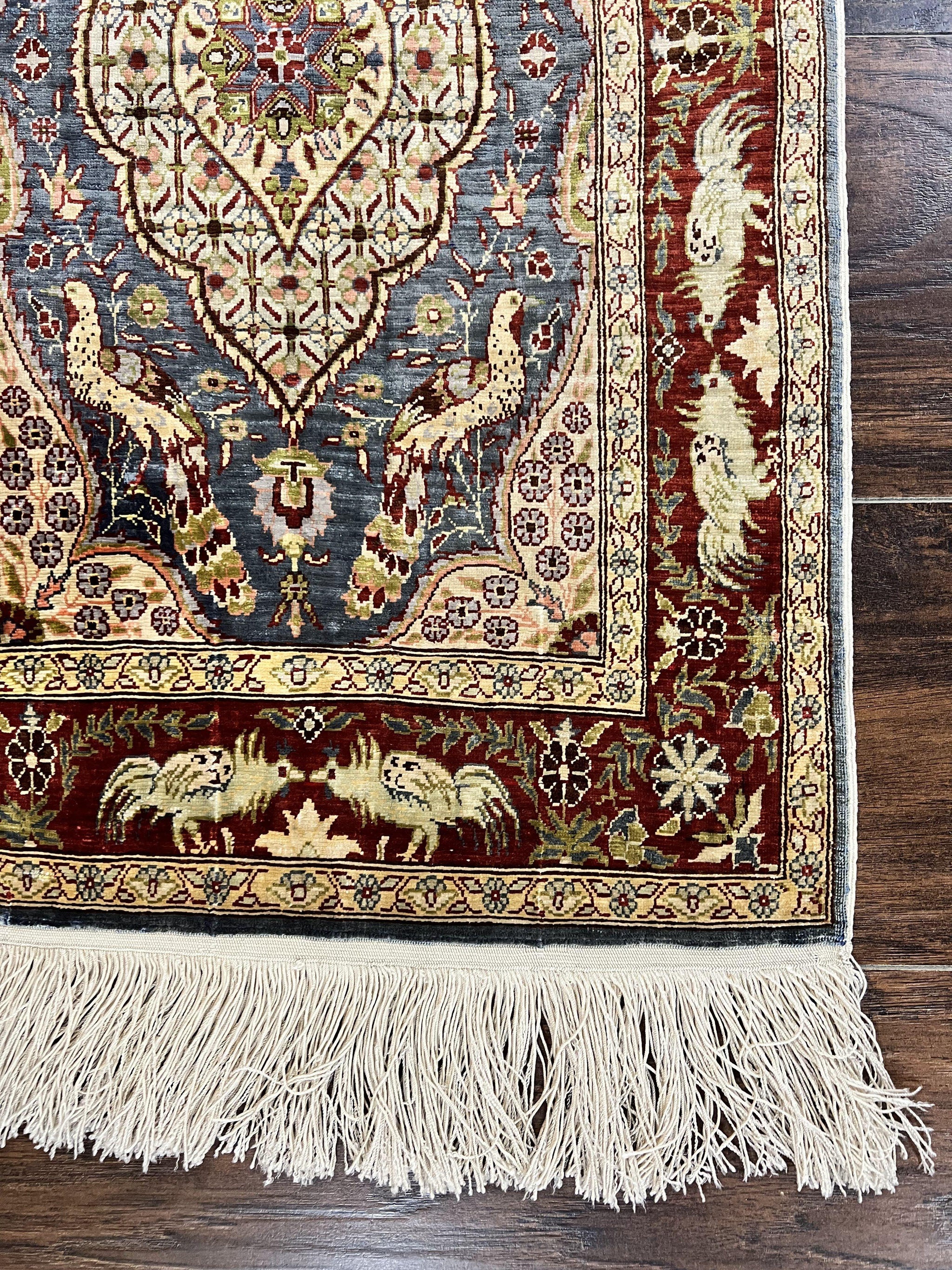 Silk Turkish Hereke Rug 2x3, Peacocks Birds, Signature from Master Weaver, Super Finely Hand Knotted 550 KPSI, Animal Pictorials by Jewel Rugs