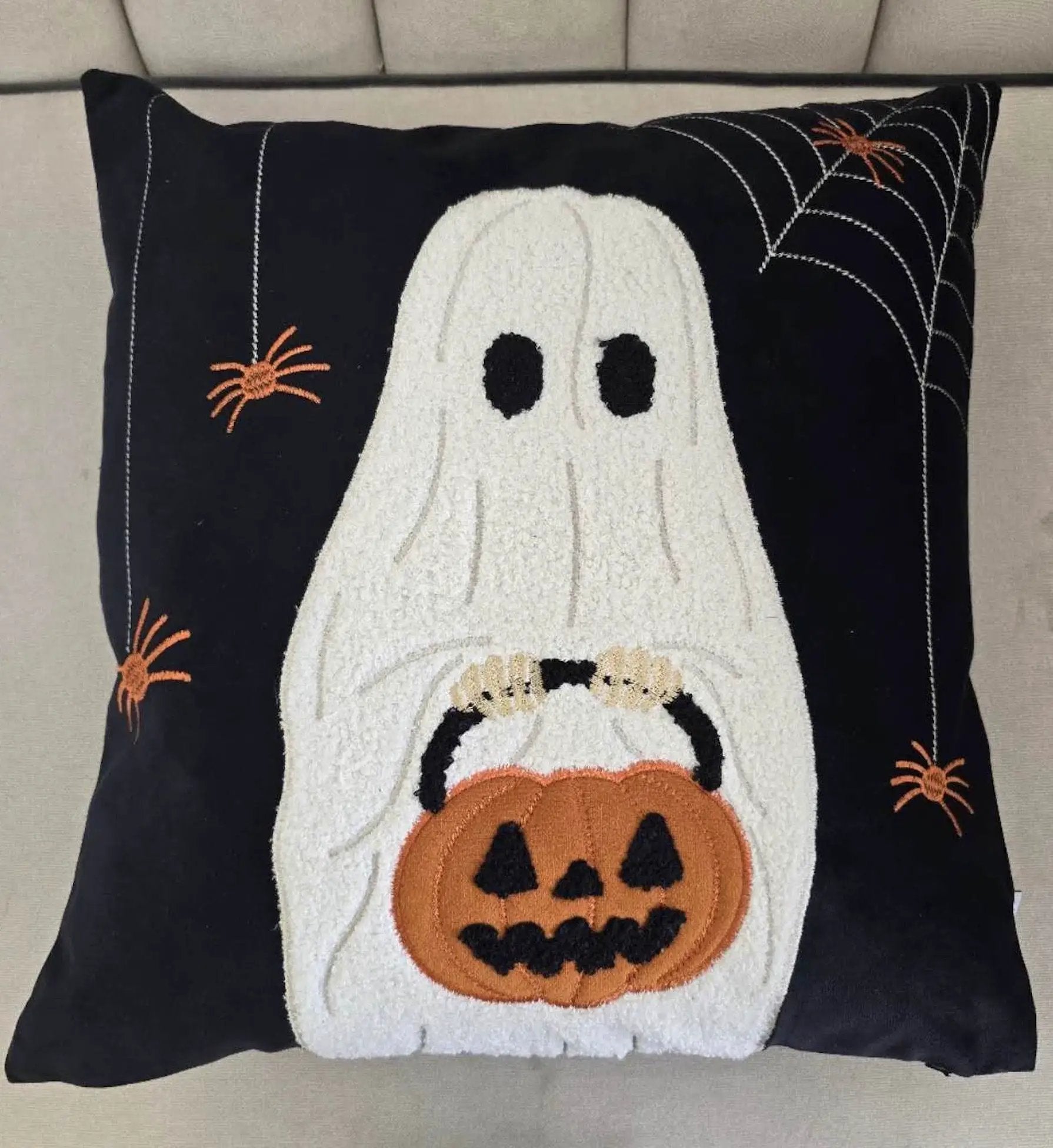 Halloween Ghost with Pumpkin Bucket Throw Pillow Set of 2 by HouseOfZazla