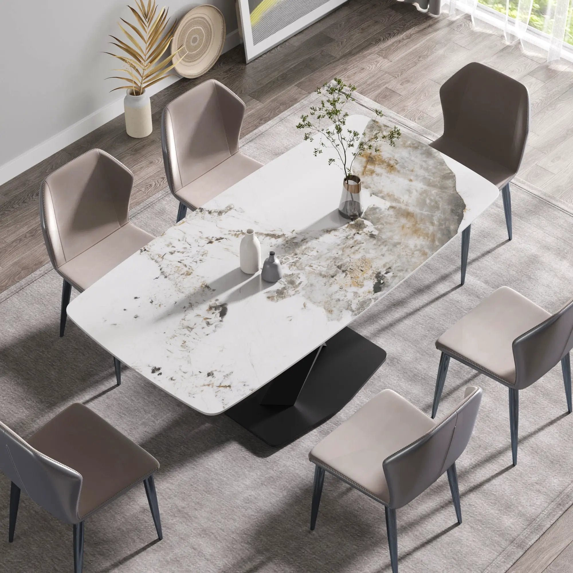Modern Artificial Stone Pandora White Curved Metal Leg Dining Table, Can Accommodate 6-8 People - Antique White by HouseOfZazla