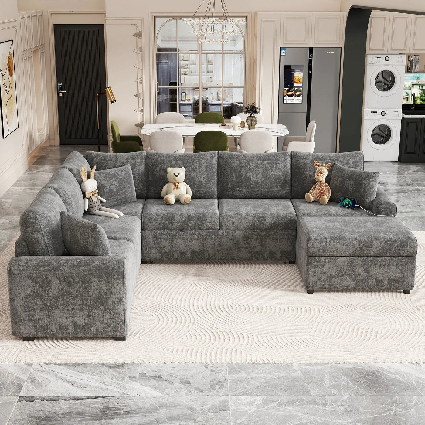 Sectional Sofa Pull-Out Sofa Bed Sleeper With A Storage Ottoman, Three Pillows And Charging Devices For Living Room by Unique Piece Furniture