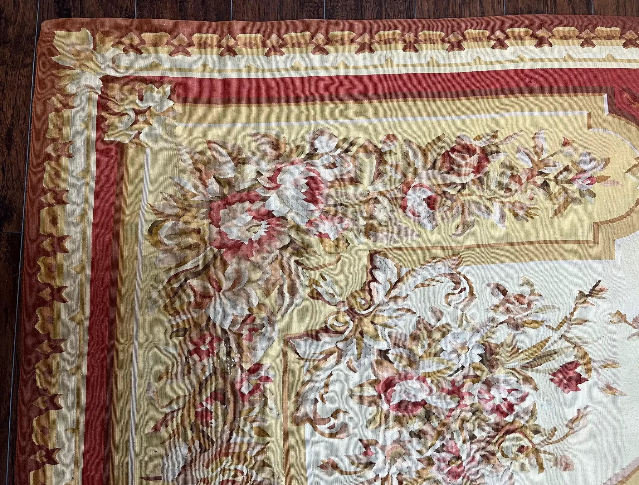 Aubusson Rug 9x12, Elegant Flatweave Savonnerie Carpet 9 x 12 ft, Ivory Light Yellow Red, Handmade Wool Flatweave French European Rug by Jewel Rugs