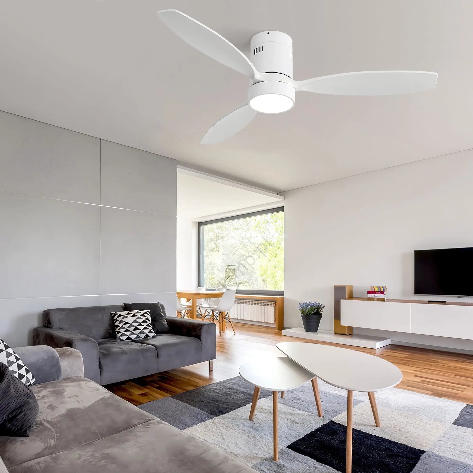 Indoor / Outdoor Ceiling Fan With Blades, Reversible DC Motor, Remote Controlled LED Light - White by Unique Piece Furniture