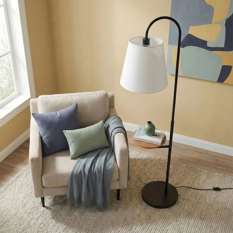 Seoul - Floor Lamp With Rotary Switch Wood Table Base - Black / White by Unique Piece Furniture