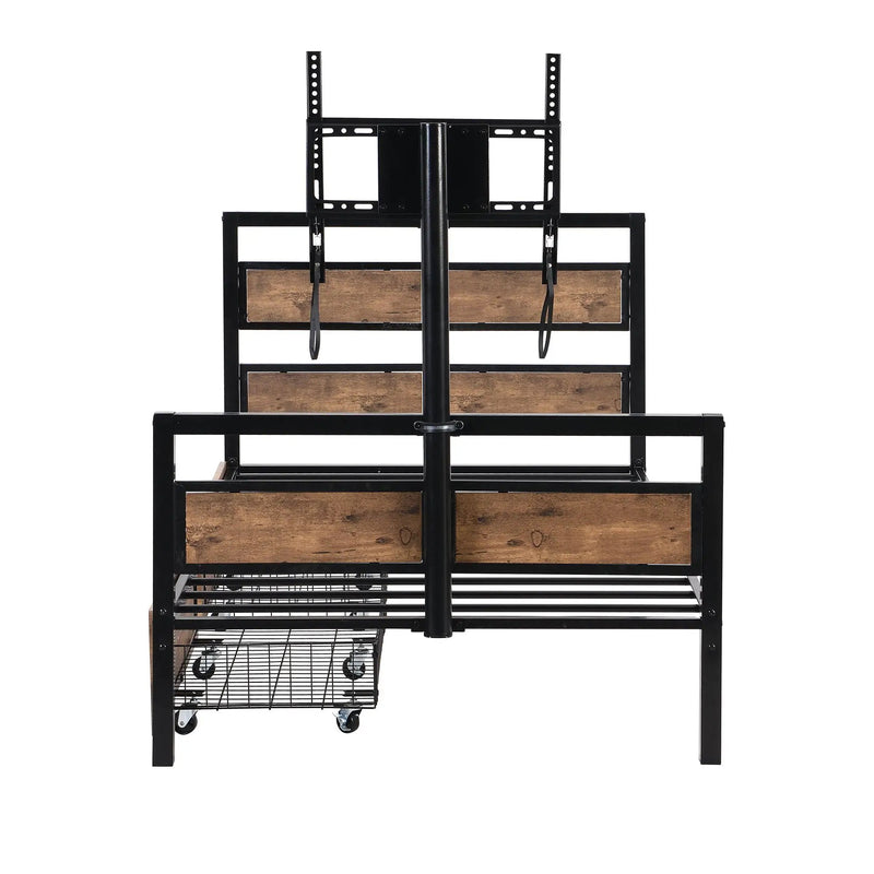 Twin Size Platform Bed With Headboard And Footboard, 2 Storage Drawers And Rotatable TV Stand - Black by HouseOfZazla