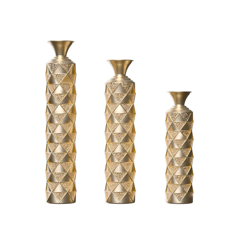 Metal Decorative Vase High Distress Metal Center Vase With 3D Triangle Pattern, (Set of 3) Vases For Home Decoration - Gold by HouseOfZazla