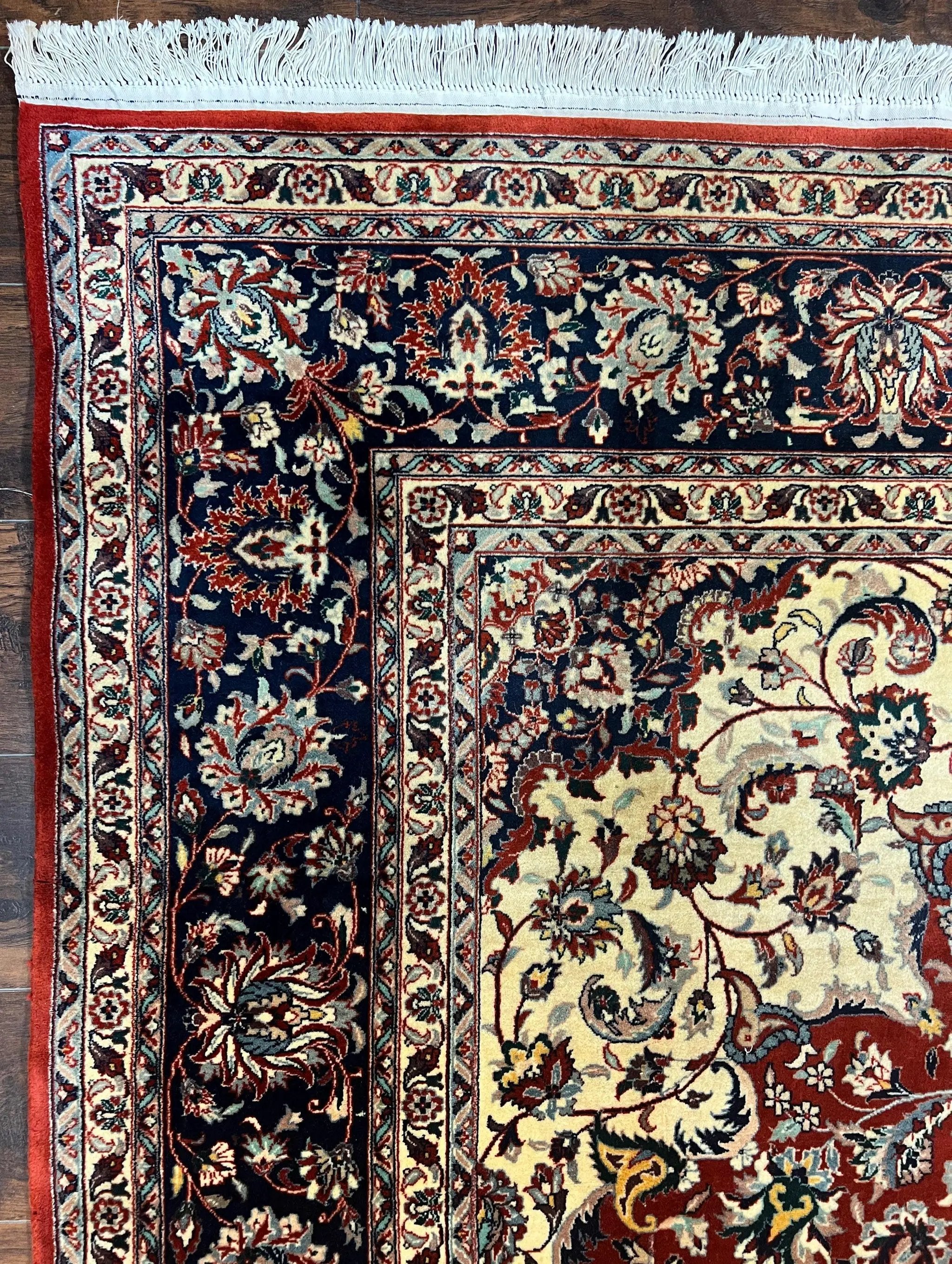 Fine Sino Persian Rug 7x10 ft, Floral Central Medallion Oriental Carpet, Red Navy Blue Cream, Hand Knotted Wool Traditional Vintage Rug by Jewel Rugs