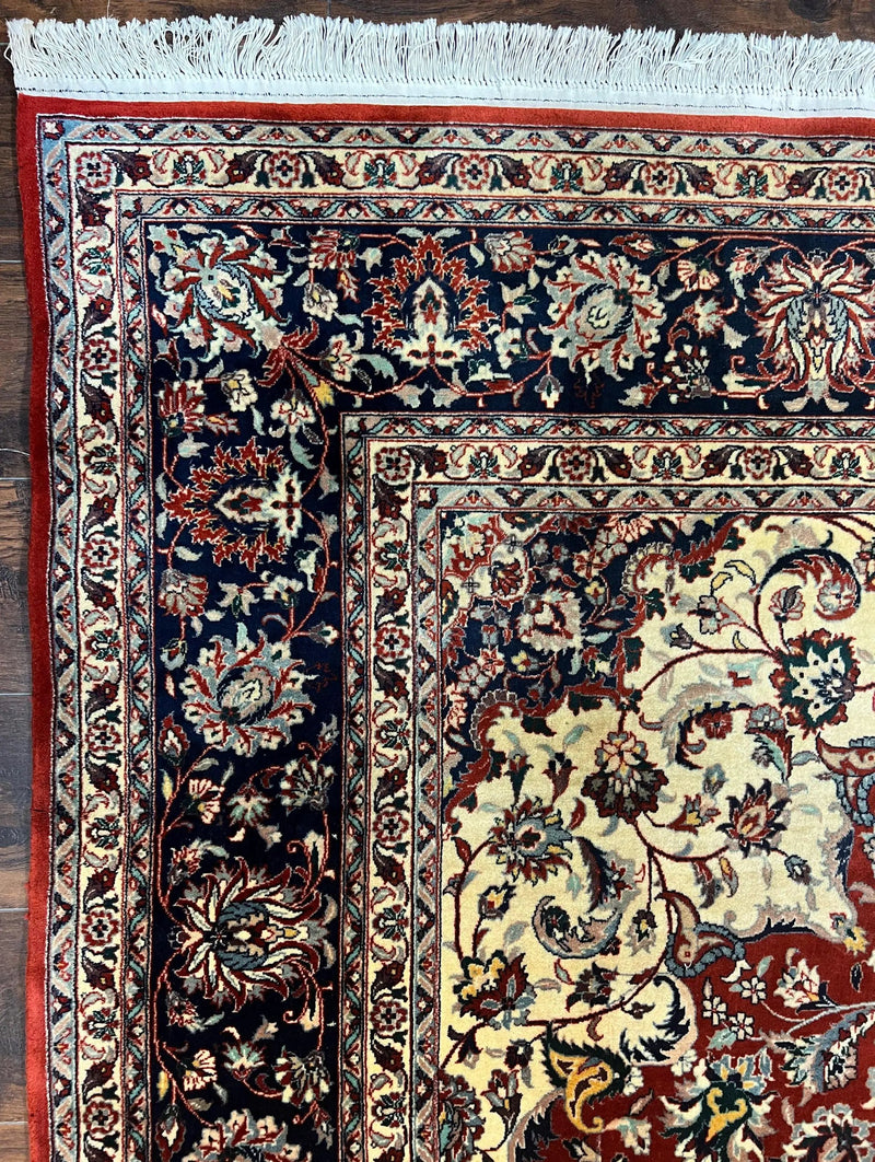 Fine Sino Persian Rug 7x10 ft, Floral Central Medallion Oriental Carpet, Red Navy Blue Cream, Hand Knotted Wool Traditional Vintage Rug by Jewel Rugs