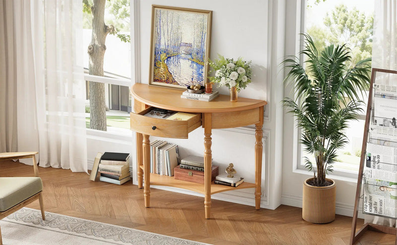 TREXM Farmhouse Half Moon Console Table with Drawer & Shelf by HouseOfZazla