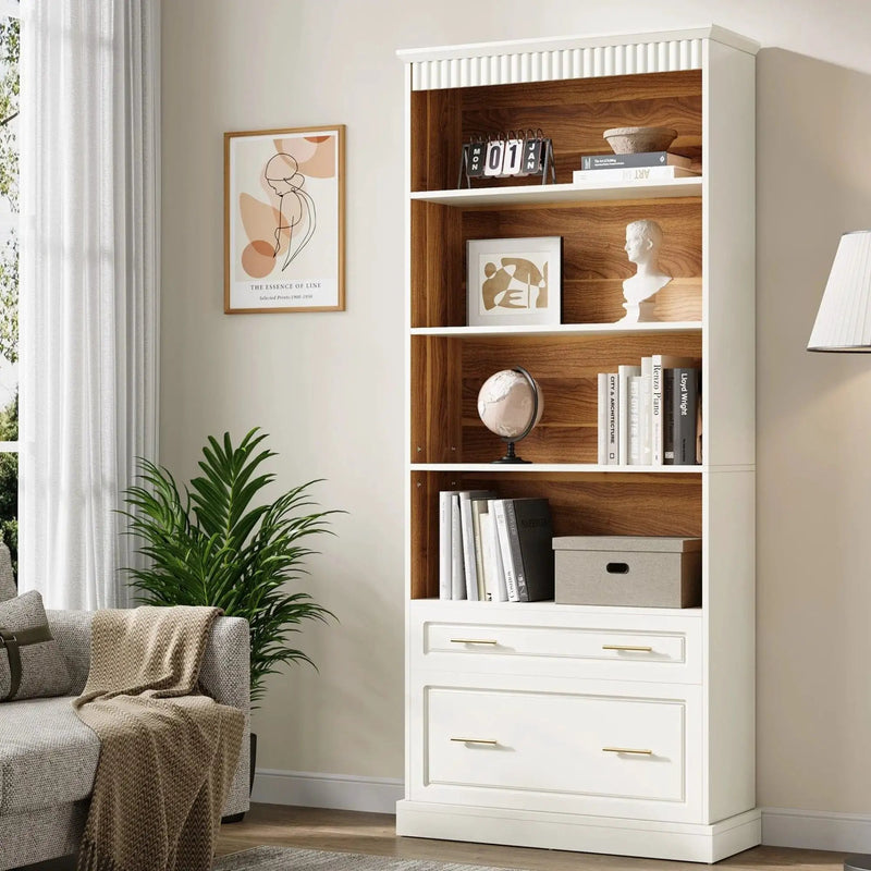 5 Tier White Bookcase With 2 Drawers Storage Organizer For Living Room - White by HouseOfZazla