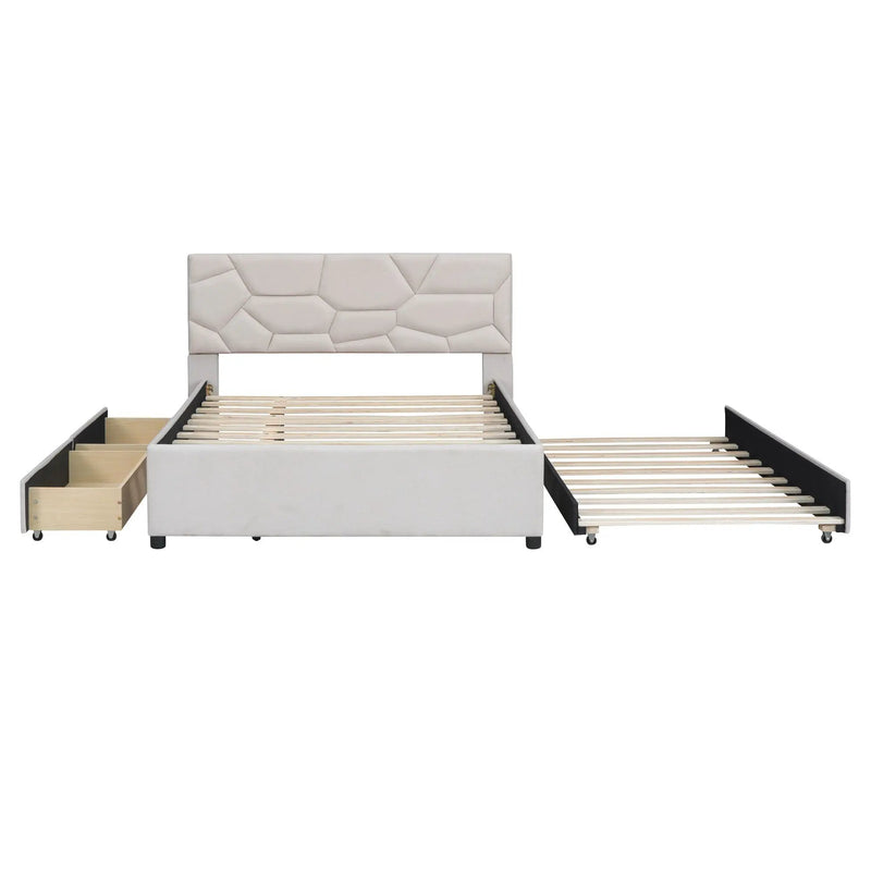 Upholstered Platform Bed With Brick Pattern Headboard And Twin Long Size Trundle by HouseOfZazla