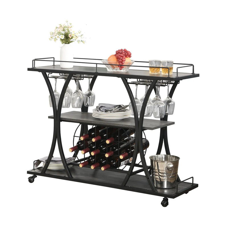 Industrial Bar Cart Kitchen Bar & Serving Cart For Home With Wheels 3 Tier Storage Shelves - Black / Gray by HouseOfZazla