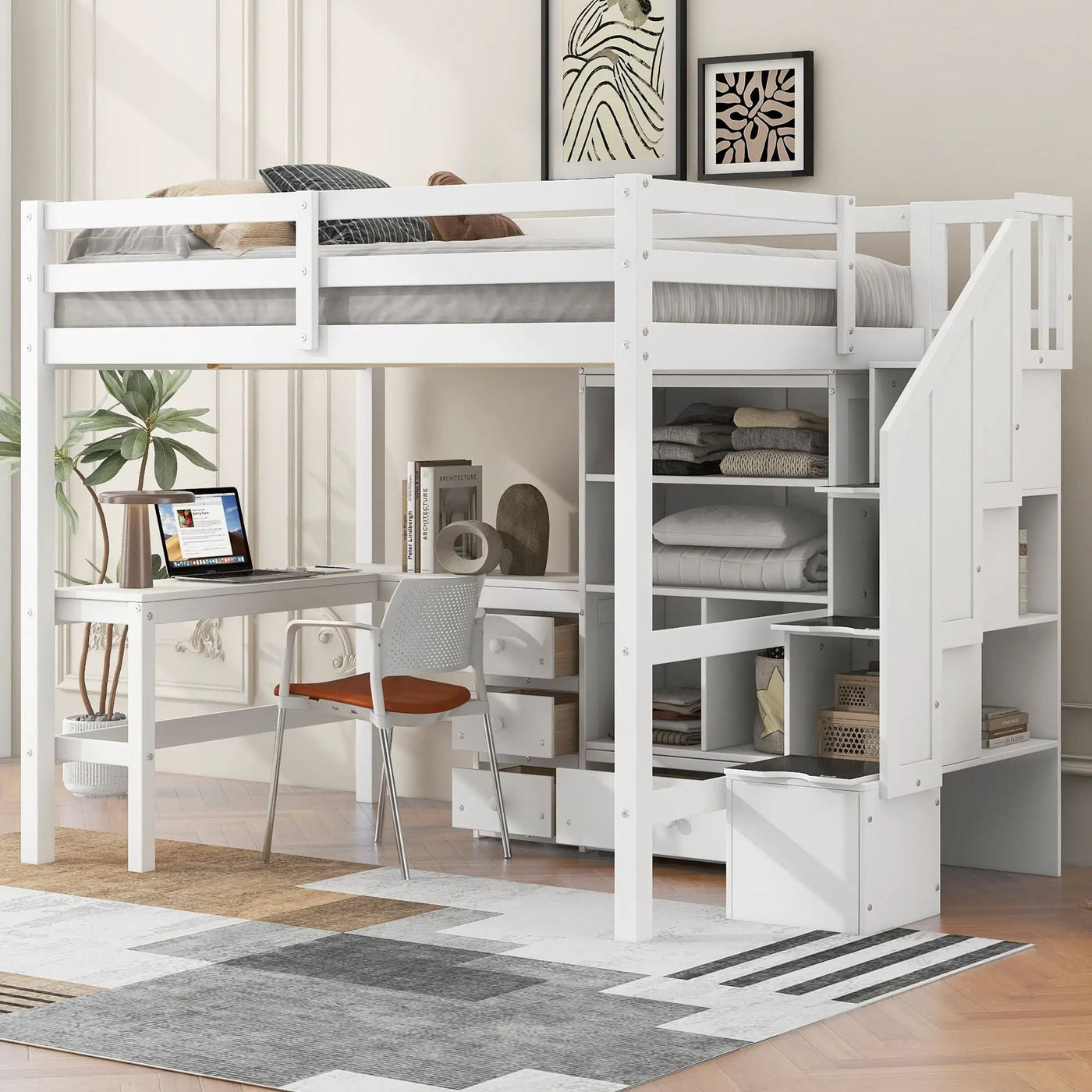 Loft Bed & L Shaped Desk, Drawers, Cabinet, And Storage Staircase by Unique Piece Furniture