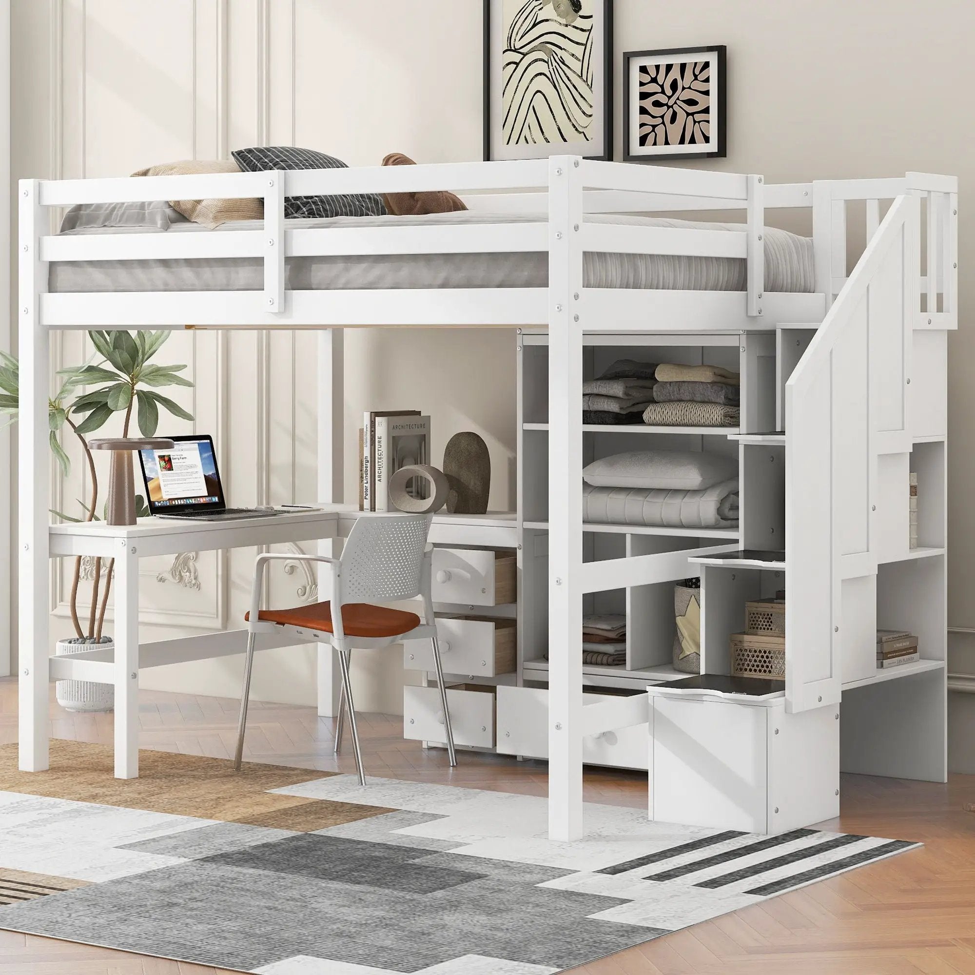 Loft Bed & L Shaped Desk, Drawers, Cabinet, And Storage Staircase by Unique Piece Furniture