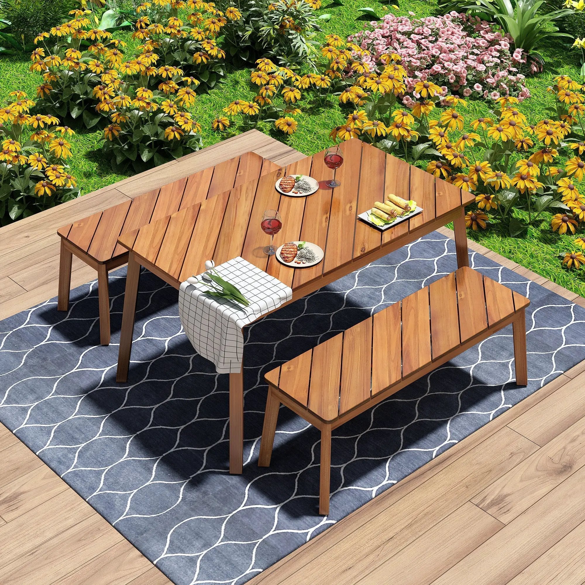 Go 3-Piece Acacia Wood Table Bench Dining Set by HouseOfZazla