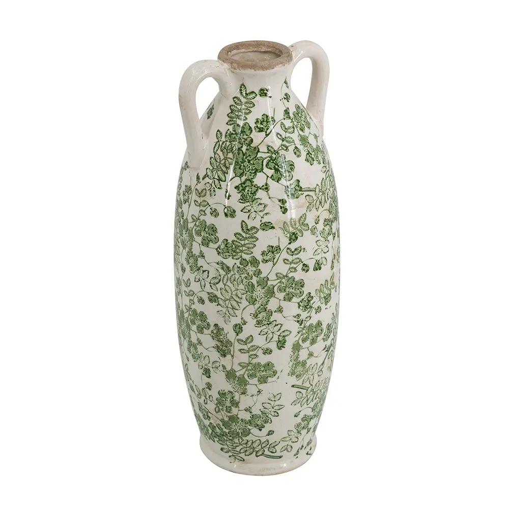 5.9x5.9x15.6' White Ceramic Flower Vase with Green Floral Pattern and Small Handles by HouseOfZazla