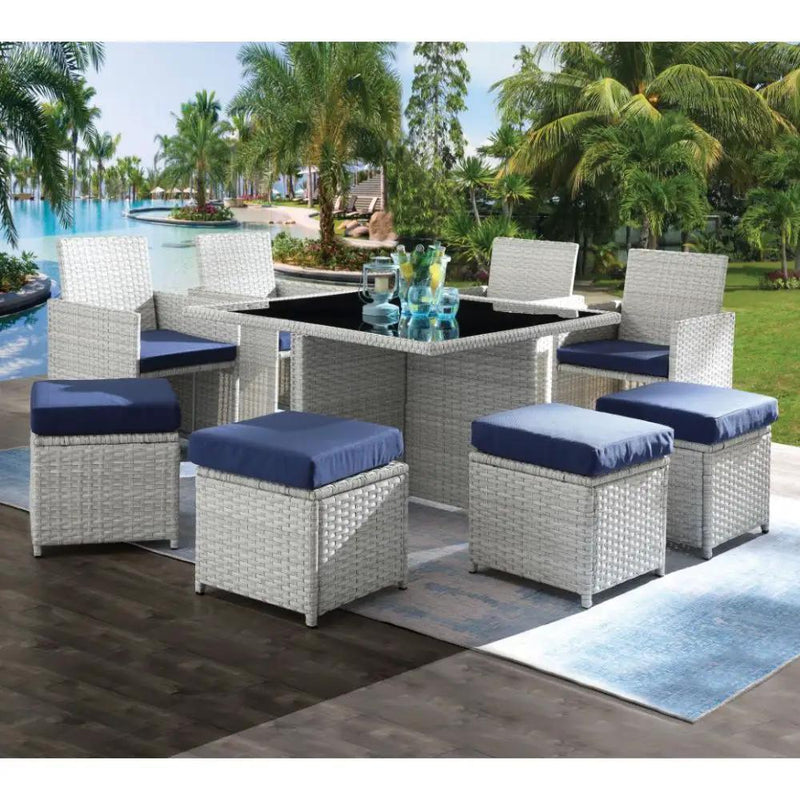 Paitalyi - 9 Piece Bistro Set - Blue Fabric & Wicker by Unique Piece Furniture