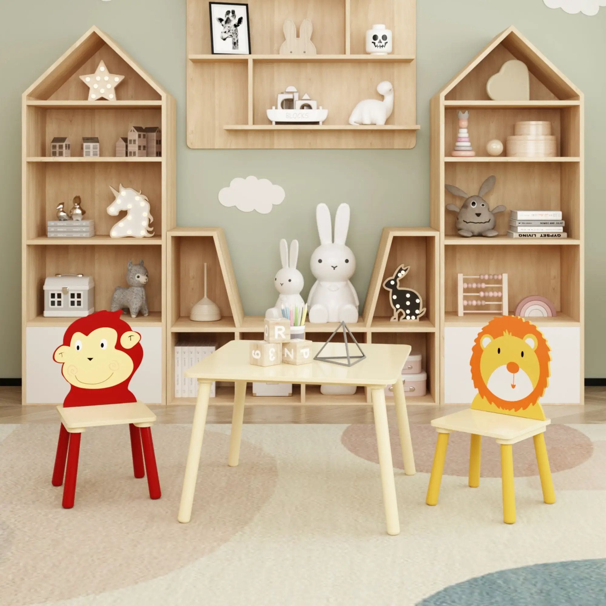 Kids Table And 2 Chairs Set, 3 Pieces Toddler Table And Chair Set, Wooden Activity Play Table Set (Lion&Monkey) - Natural by HouseOfZazla