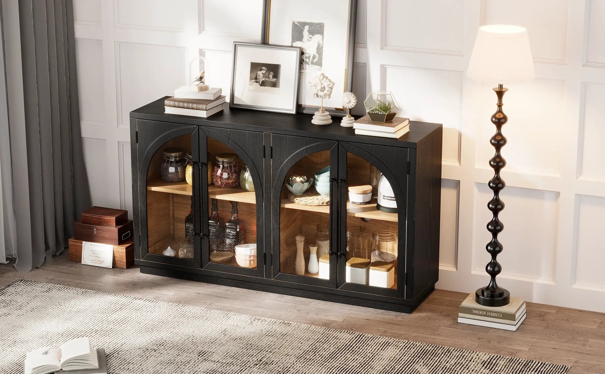 4-Door Large Storage Sideboard Buffet Cabinet with Glass Doors Arched Cabinet (Black) by HouseOfZazla